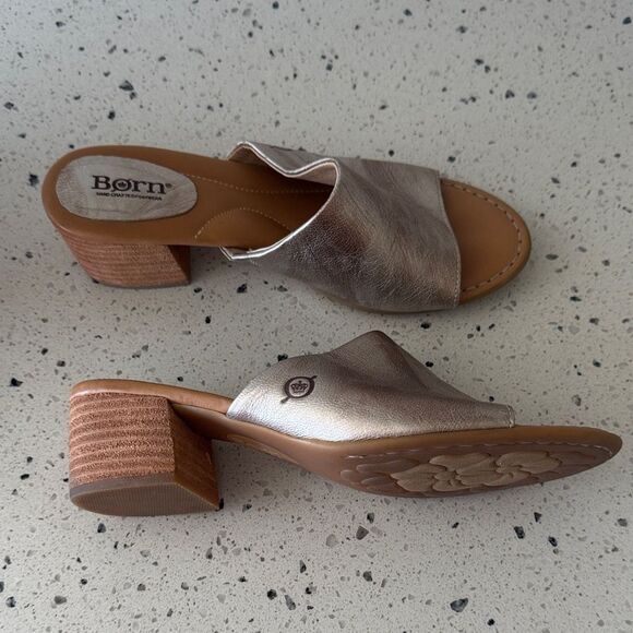 Born Women's Leather Metallic Slide Sandals Block Heel Casual Comfy Size 8M EUC - Picture 1 of 12